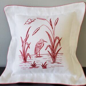 French Country Farmhouse Embroidered Linen Pillow in Red